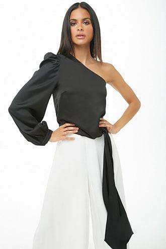 Forever21 One-shoulder Puff-sleeve Knotted Top