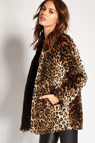 Forever21 Women's  Leopard Print Faux Fur Jacket