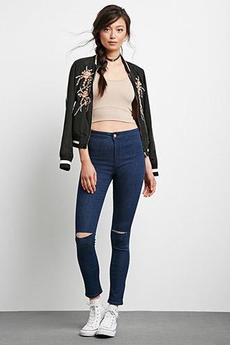 Forever21 Women's  Indigo Light Wash Ripped Skinny Jeans