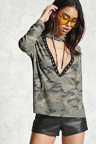 Forever21 Camo Cutout Hooded Top