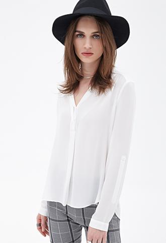 Forever21 Collarless Chiffon Blouse White Small