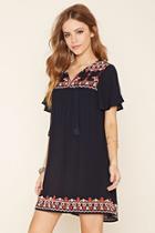 Forever21 Women's  Navy & Rust Embroidered Shift Dress