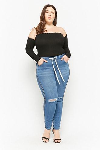 Forever21 Plus Size Striped Drawstring Jeans
