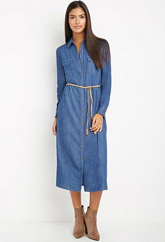 Love21 Belted Longline Chambray Dress