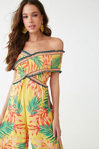 Forever21 Crepe Leaf Print Crisscross Jumpsuit