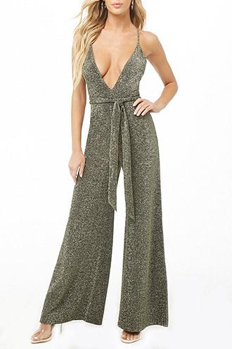 Forever21 Plunging Belted Metallic Jumpsuit