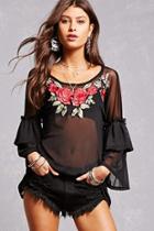 Forever21 Sheer Mesh Embroidered Top