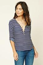 Forever21 Women's  Navy & White Striped Zip-front Top