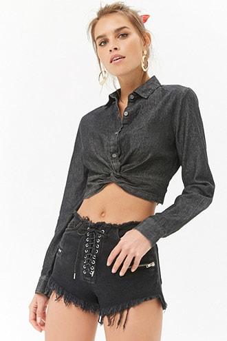 Forever21 Knot-front Cropped Shirt