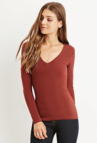 Forever21 Women's  Chocolate Long Sleeve V-neck Tee