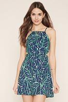 Love21 Women's  Navy & Green Contemporary Leaf Print Dress