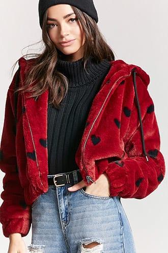 Forever21 Faux Fur Heart Zip-up Hoodie