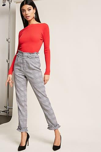 Forever21 Ruffle-trim Glen Plaid Pants