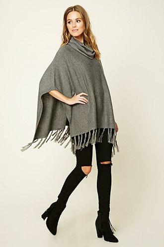 Love21 Women's  Heather Grey Contemporary Fringe-hem Poncho