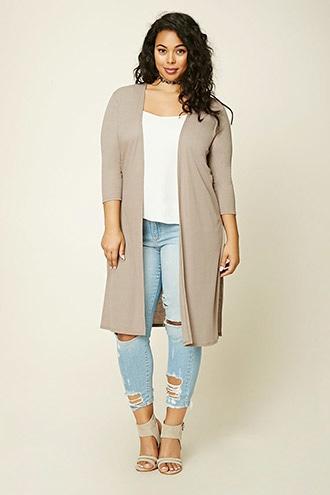 Forever21 Plus Women's  Taupe Plus Size Longline Cardigan