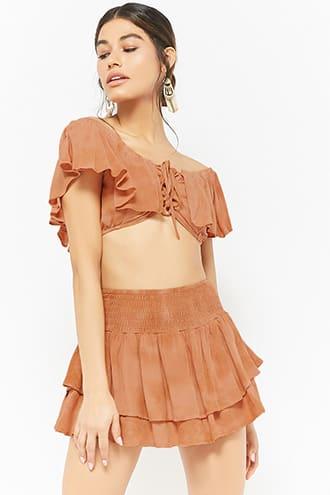 Forever21 Oil Wash Smocked Tiered Mini Skort