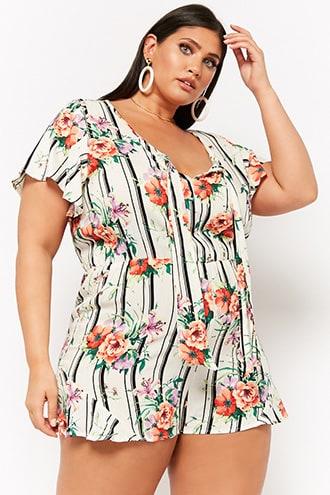 Forever21 Plus Size Floral Striped Keyhole Romper