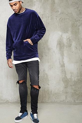 21 Men Men's  Navy Oversized Velour Pullover