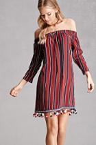 Forever21 Women's  Burgundy Striped Off-the-shoulder Dress