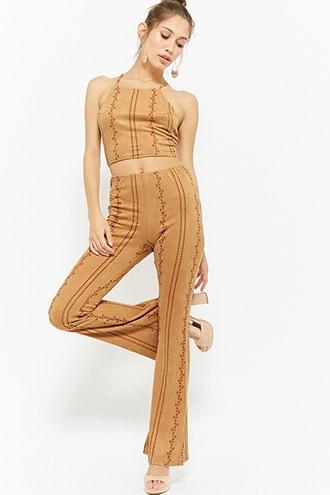 Forever21 Faux Suede Floral-embroidered Flare Pants