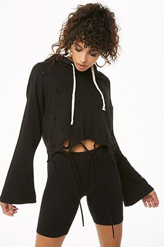 Forever21 French Terry Distressed Hooded Pullover