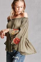 Forever21 Women's  Olive Embroidered Bell-sleeve Top