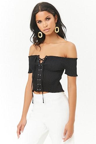 Forever21 Smocked Lace-up Top