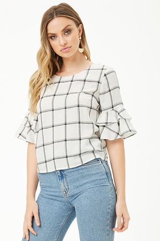 Forever21 Grid Print Tiered-sleeve Top
