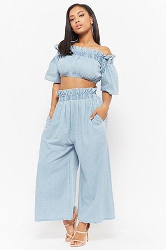 Forever21 Denim Crop Top & Culotte Pants Set