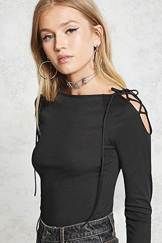 Forever21 Ribbed Lace-up Shoulder Top