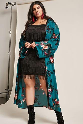 Forever21 Plus Size Floral Chiffon Longline Cardigan
