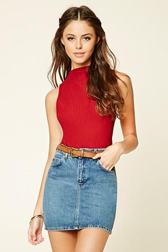 Forever21 Women's  Red Ribbed High-neck Top