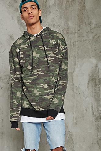 21 Men Men's Contrast-trim Camo Hoodie