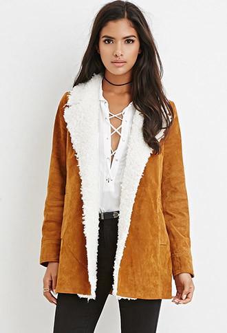 Forever21 Women's  Faux Shearling-trim Genuine Suede Coat