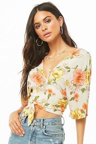Forever21 Tie-front Floral Print Geo Crop Top