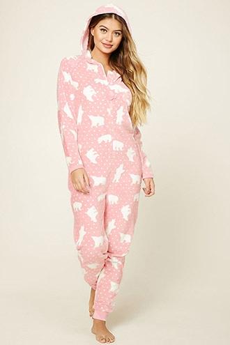 Forever21 Women's  Pink & Cream Fleece Polar Bear Pj Jumpsuit