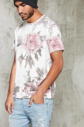 21 Men Men's  Cream & Pink Floral Print Tee