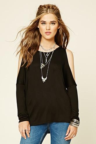 Forever21 Women's  Black Heathered Open-shoulder Top