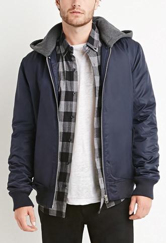 21 Men Men's  Padded Nylon Hooded Jacket (navy/heather Grey)