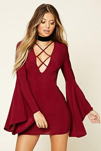 Forever21 Women's  Burgundy Lace-up Bodycon Dress
