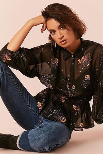 Forever21 Floral Sheer Chiffon Smocked Shirt