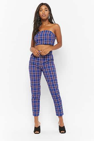 Forever21 Plaid Tube Crop Top & Pants Set