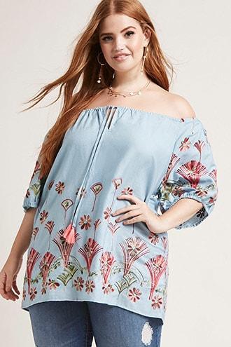 Forever21 Plus Size Floral Denim Top
