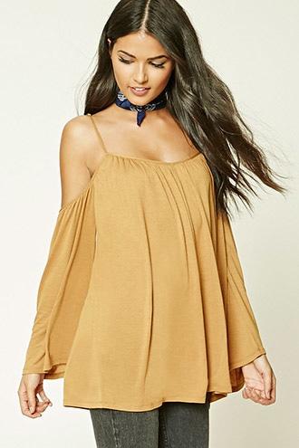 Love21 Women's  Camel Contemporary Open-shoulder Top