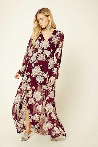 Love21 Women's  Wine & Mauve Contemporary Floral Maxi Dress