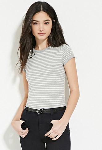 Forever21 Women's  Heather Grey & Cream Contrast Trim Striped Tee