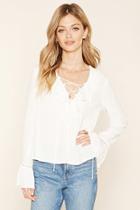 Love21 Women's  Ivory Contemporary Lace-up Blouse