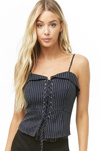 Forever21 Foldover Pinstripe Lace-up Top