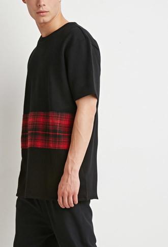 21 Men Men's  Oversized Plaid Panel Sweatshirt (black/red)
