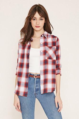 Forever21 Women's  Cream & Red Plaid Flannel Shirt